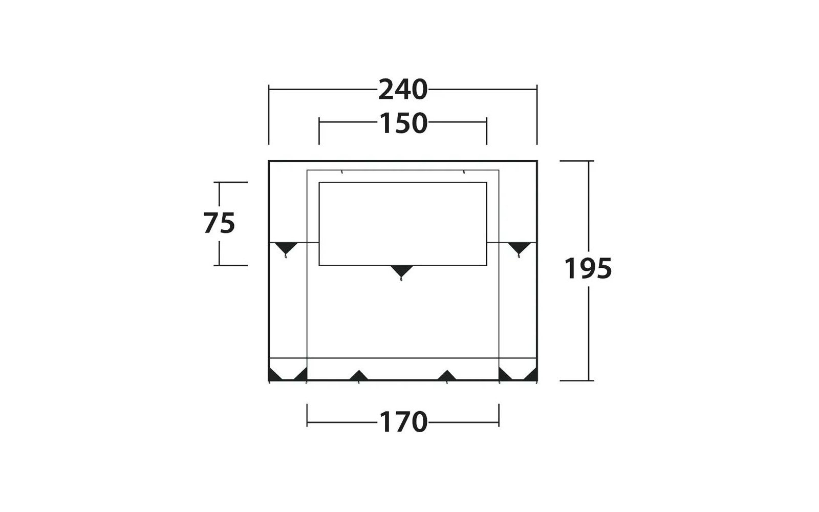 Grand cadre carré avec une ouverture rectangulaire en haut; cotes 240, 150, 75, 195, 170; cinq petits triangles noirs sur les bords du cadre