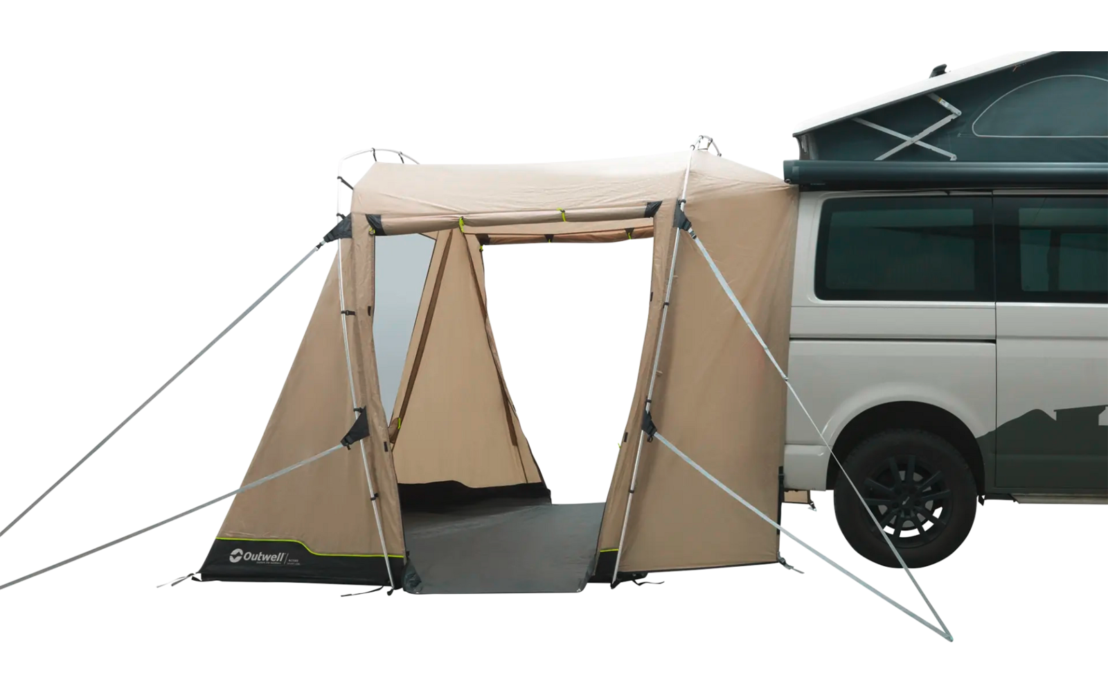 Campingzelt neben einem Wohnmobil mit geöffneten Eingängen