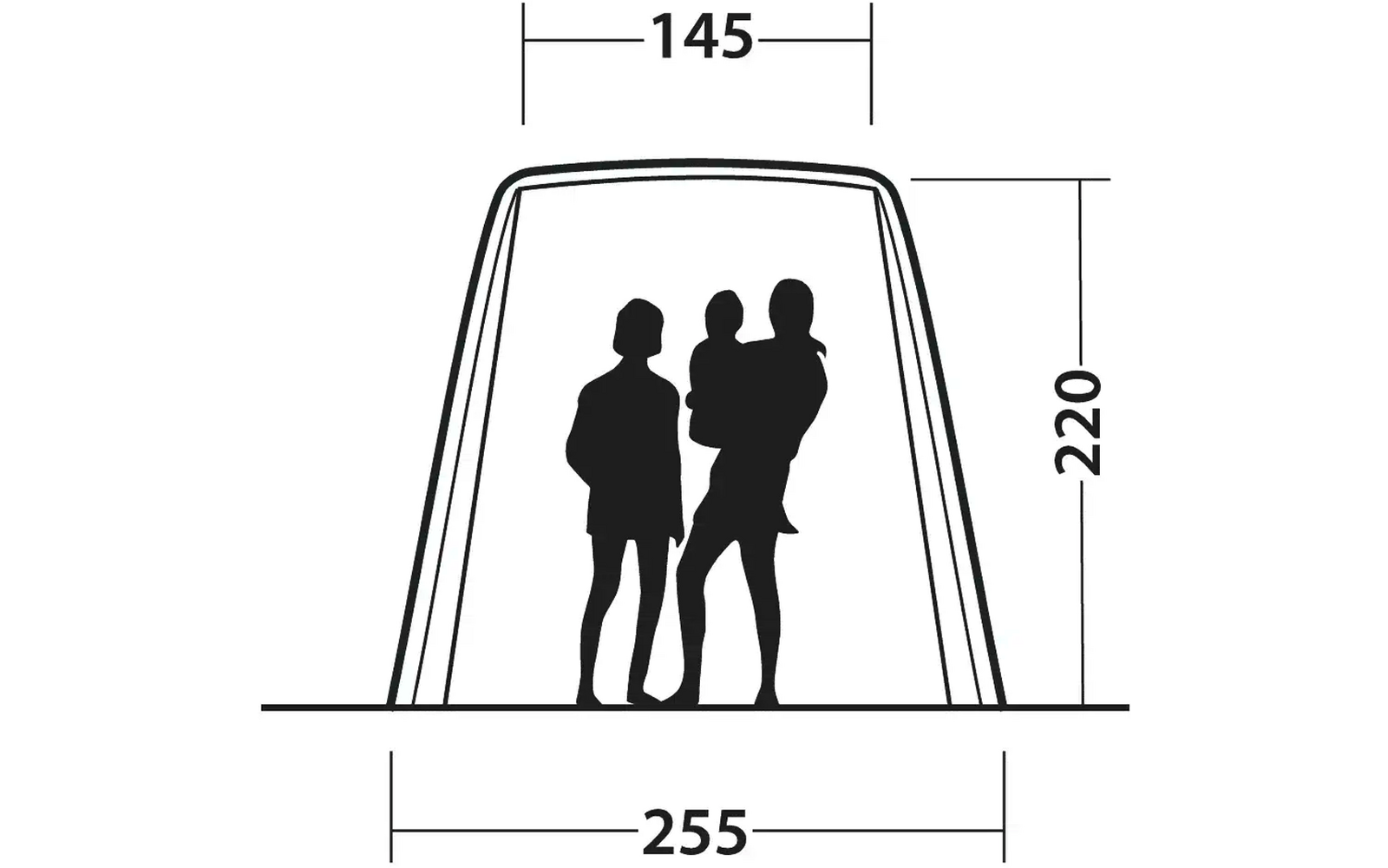 Umriss einer Glashaube mit zwei Personen im Inneren und Maßen in Zentimetern