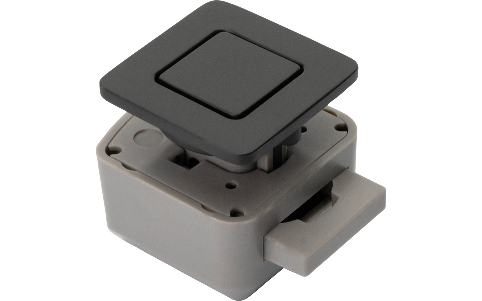 Kleines graues elektronisches Bauteil mit schwarzem quadratischem Knopf