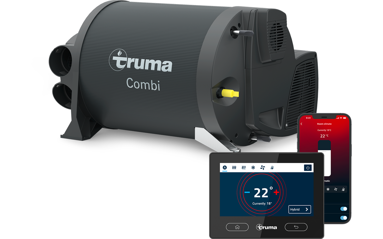 Unità cilindrica grigia con scritta 'truma Combi', due uscite rotonde a sinistra, manopola gialla sul lato, display touch rettangolare che mostra '22°' e due smartphone con schermate dell'app rosse sullo sfondo