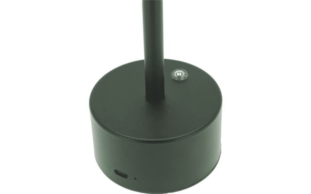 Runder zylindrischer Sockel mit mittig befestigtem senkrechtem Stab, sichtbarer Schraube auf der Oberseite und USB‑C‑Anschluss an der Seite