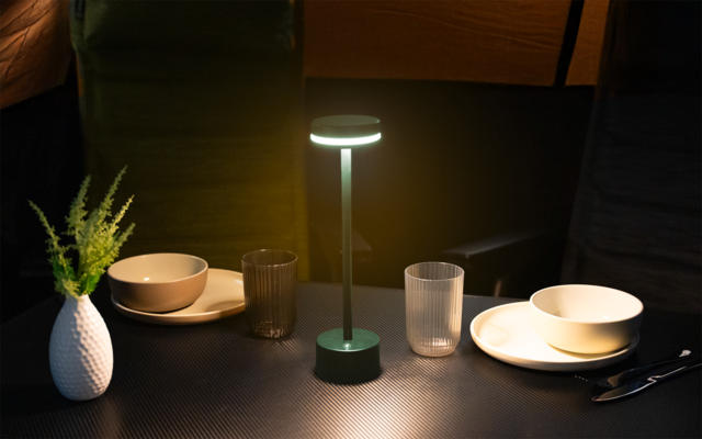 Kleiner runder Tisch mit zwei Gedecken (Teller und Schalen), zwei Trinkgläsern, Besteck rechts, einer kleinen eingeschalteten Lampe in der Mitte und einer weißen Vase mit Farn links