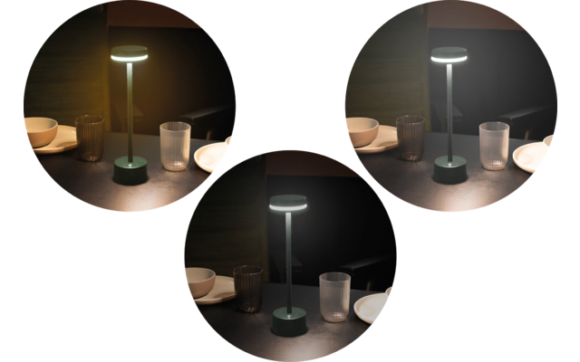 Drei kreisrunde Fotos einer eingeschalteten Tischlampe auf einem dunklen Tisch, umgeben von Tellern und Gläsern