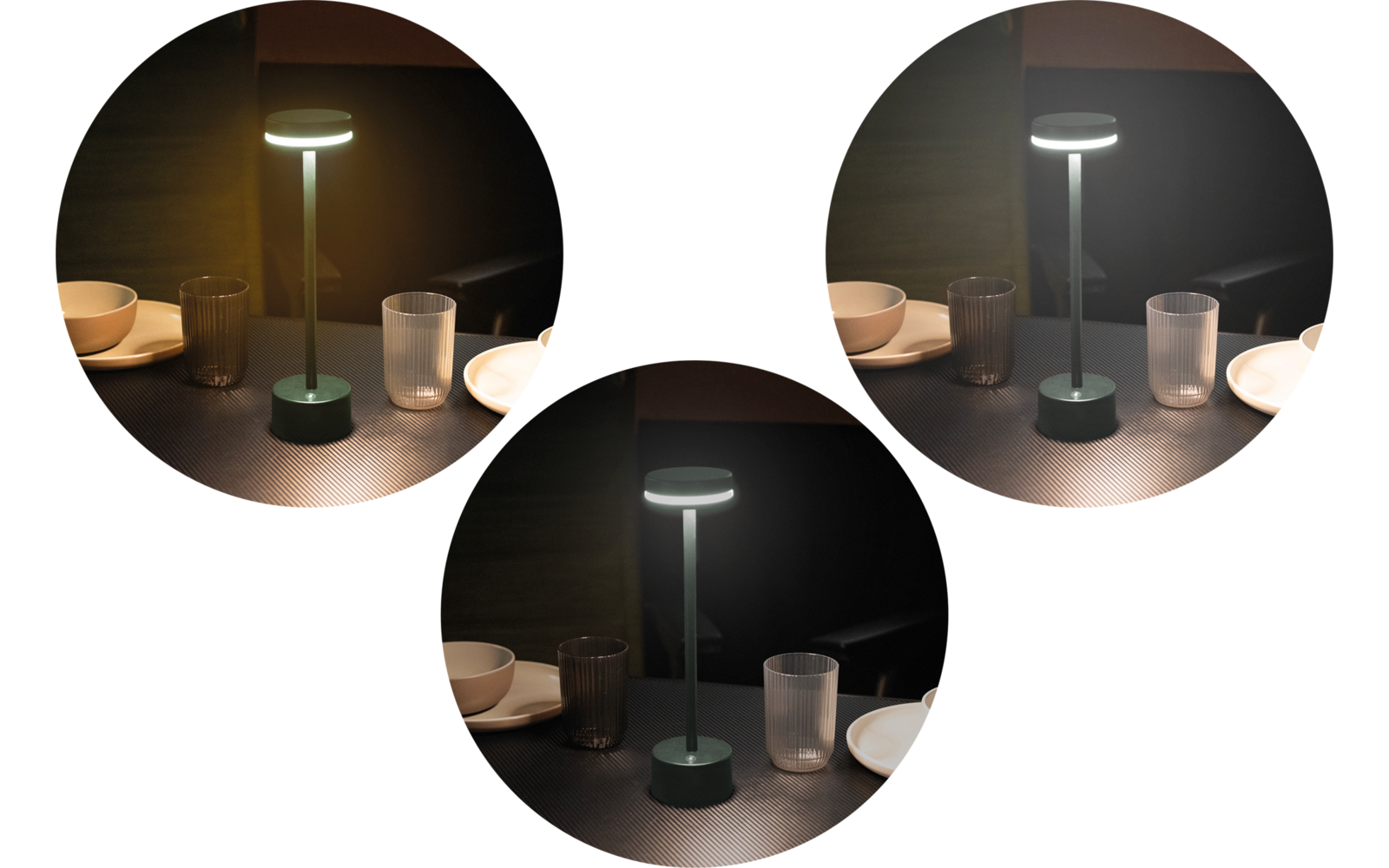 Drei kreisrunde Fotos einer eingeschalteten Tischlampe auf einem dunklen Tisch, umgeben von Tellern und Gläsern
