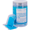 Récipient en plastique transparent avec bouchon à vis et étiquette bleue, un coussinet bleu et blanc devant