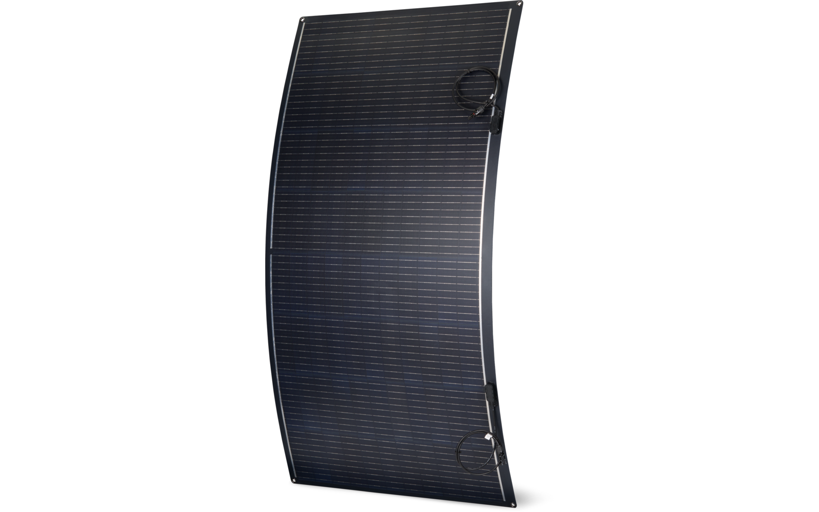 Curved dark solar panel with black frame and two attached cables on a white background