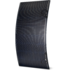 Curved dark solar panel with black frame and two attached cables on a white background