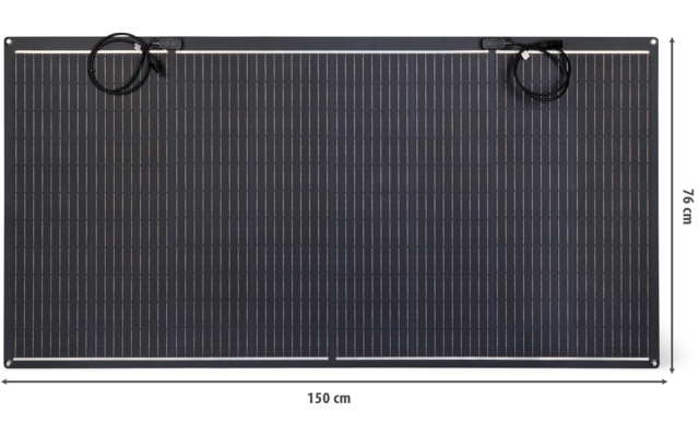 Rectangular solar panel with dark cells, white frame, two black cables at top and dimensions 150 cm × 76 cm