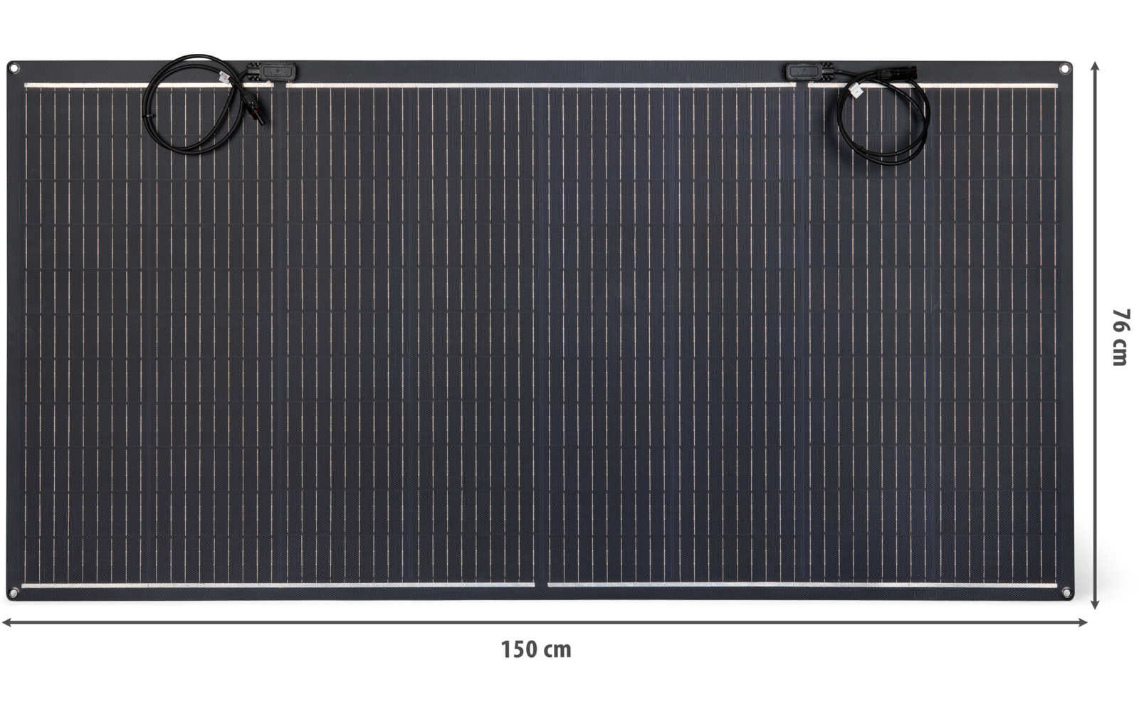 Rectangular solar panel with dark cells, white frame, two black cables at top and dimensions 150 cm × 76 cm
