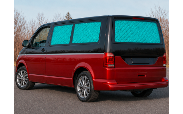 Red van, blue quilted window covers, parked on a road; leafless trees and sky in the background