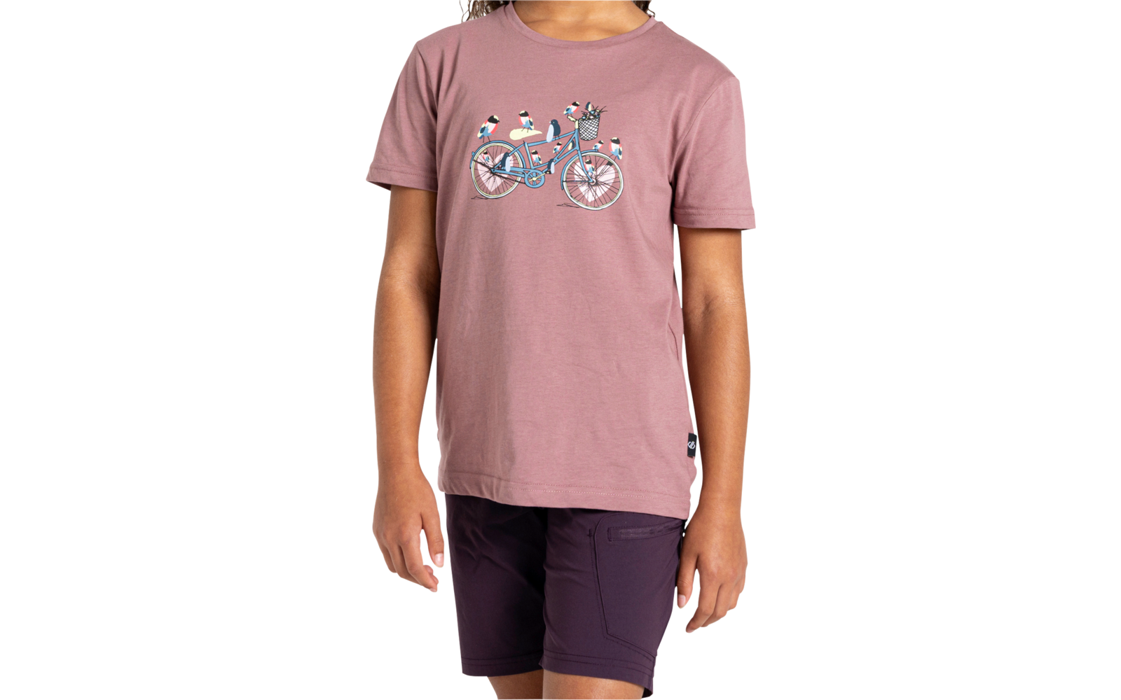 Oberkörper einer Person von Schultern bis Oberschenkeln, rosa T‑Shirt mit aufgedrucktem Fahrrad mit Vögeln und Korb, dunkelviolette Shorts