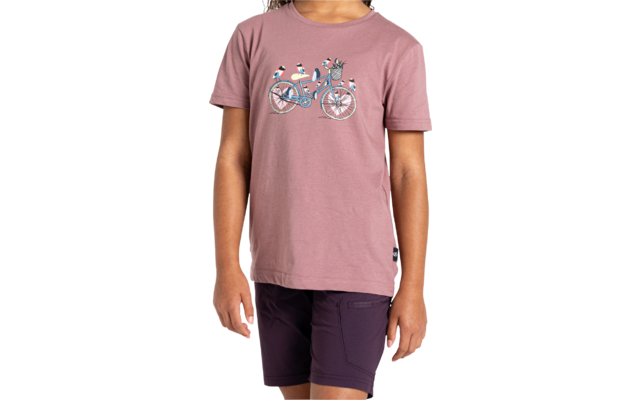 Oberkörper einer Person von Schultern bis Oberschenkeln, rosa T‑Shirt mit aufgedrucktem Fahrrad mit Vögeln und Korb, dunkelviolette Shorts