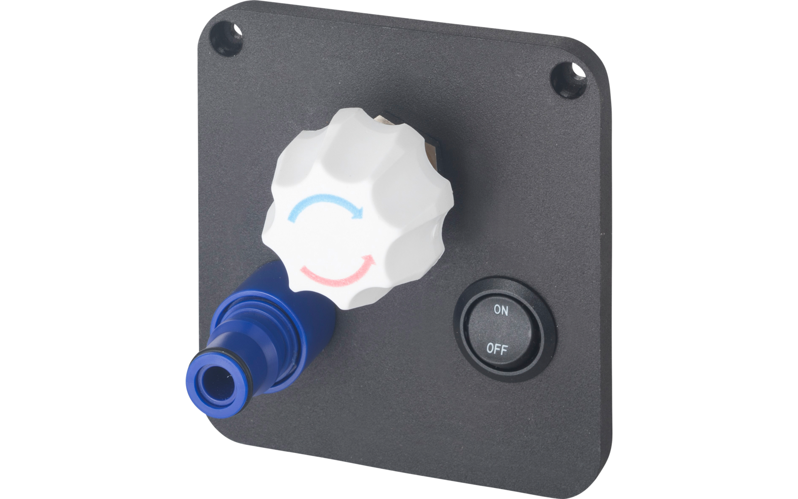 Schwarzes Bedienfeld mit weißem Drehknopf und schwarzem Schalter