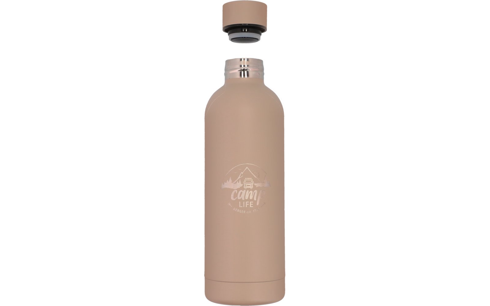 Bouteille d'eau beige avec bouchon retiré sur fond blanc