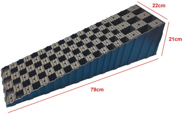 Bloc en plastique bleu incliné avec dessus en grille noire ; lignes de mesure rouges et indications '79cm', '22cm', '21cm'