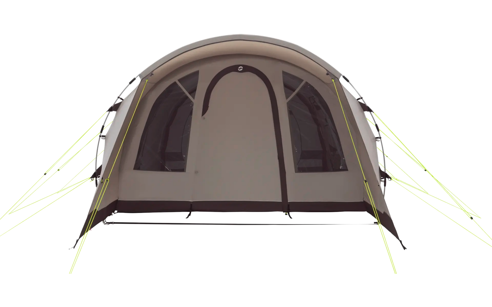 Beige-graues Zelt mit zwei Fenstern und grünen Abspannleinen