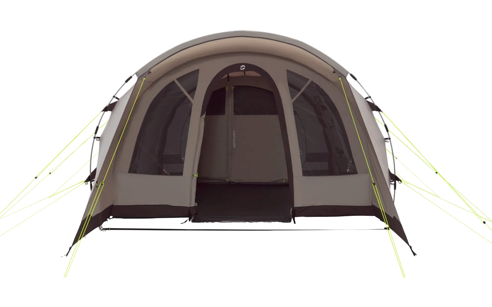 Aufgebaute graue Campingzelt mit mehreren Fenstern und neonfarbenen Abspannseilen