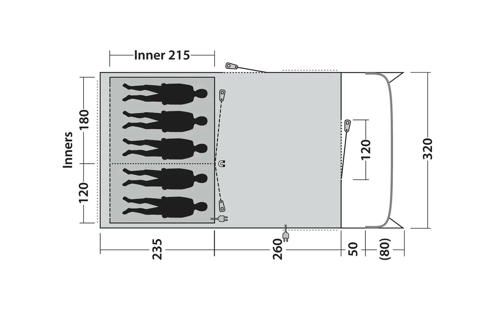 Skizze eines Zeltgrundrisses mit Maßen und Silhouetten von sechs Personen