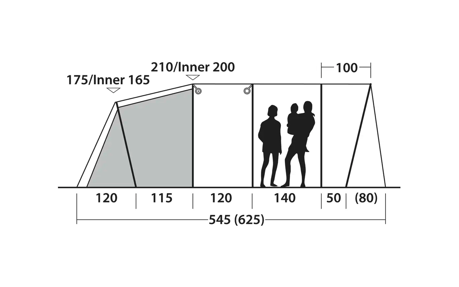 Skizze eines mehrteiligen Zelts mit Maßen und zwei stehenden Personen, eine davon trägt ein Kind