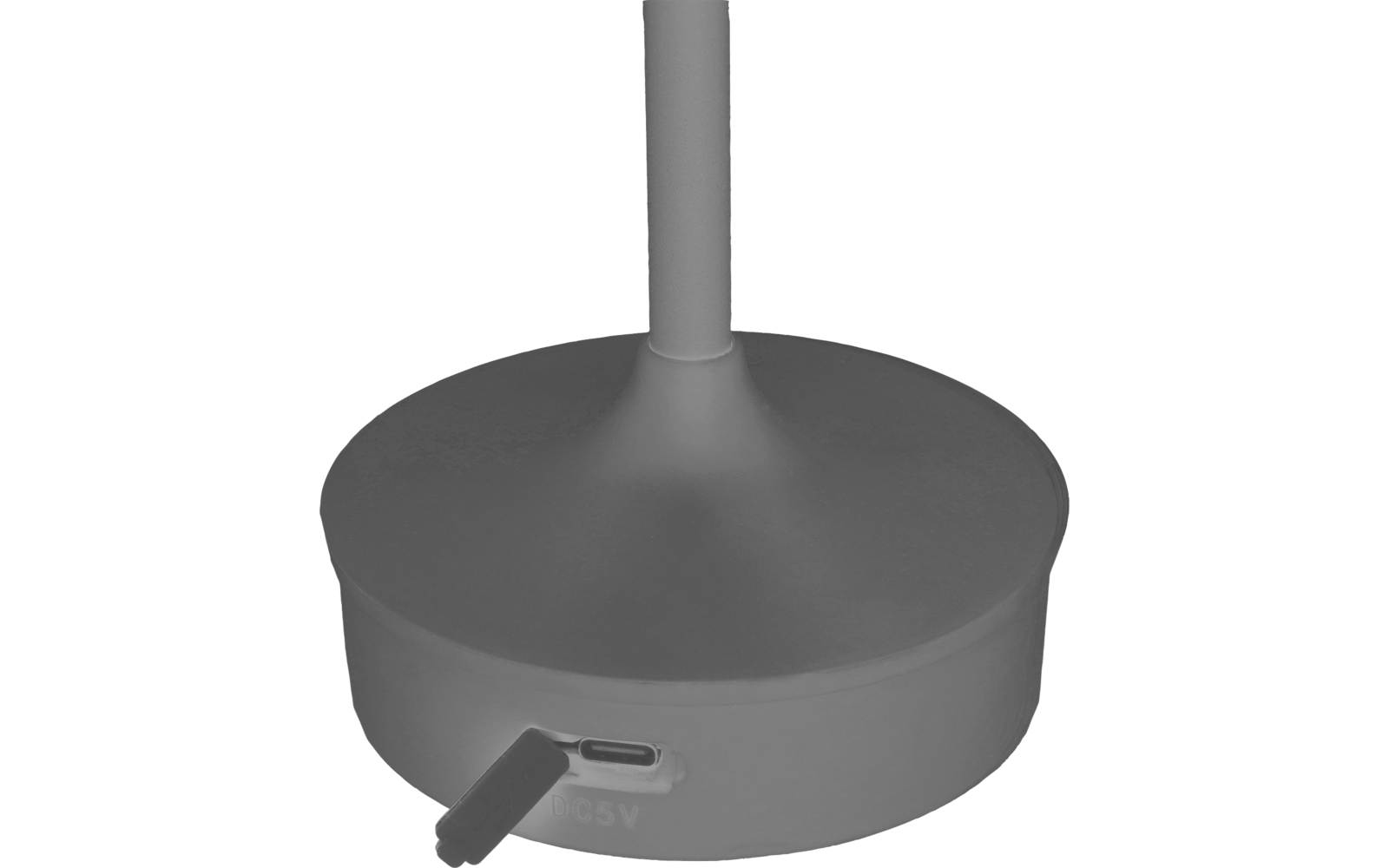 Rundes graues Gehäuse mit senkrechtem Stab, seitlicher USB‑C‑Anschluss mit offenem Gummideckel, Aufdruck DC5V