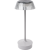 Lampada da tavolo con base rotonda, stelo sottile e paralume trasparente rigato