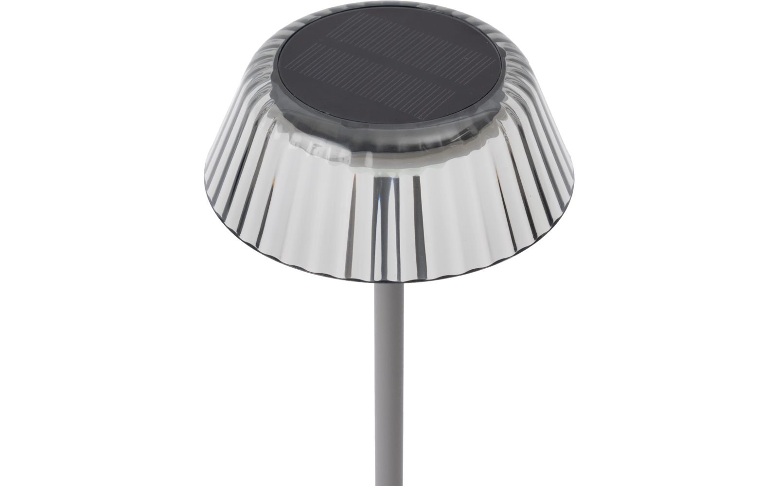 Cappuccio metallico argentato scanalato con una piastra circolare nera al centro, montato su un sottile palo