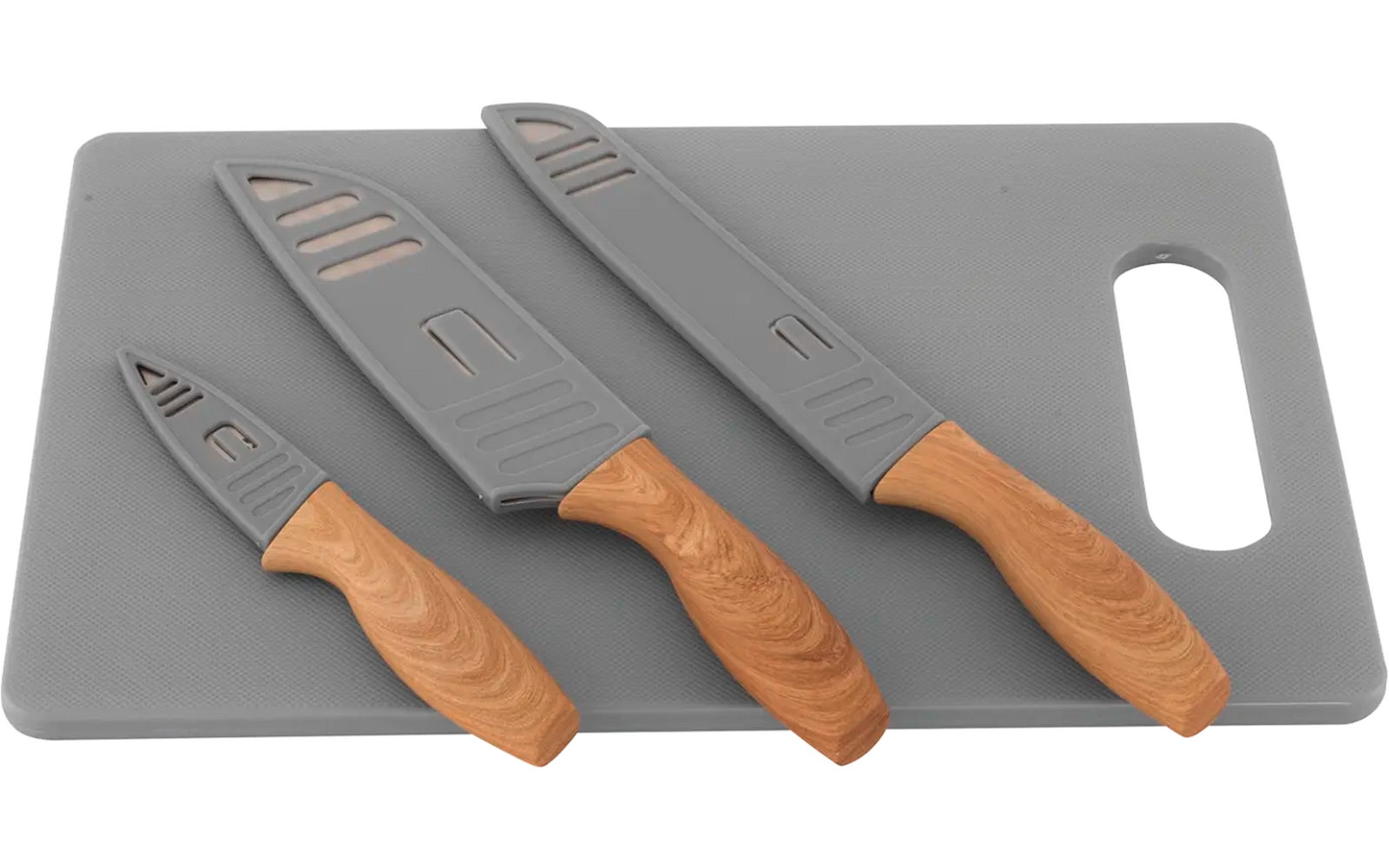 Drie keukenmessen met houten handvatten op een grijs snijplankje