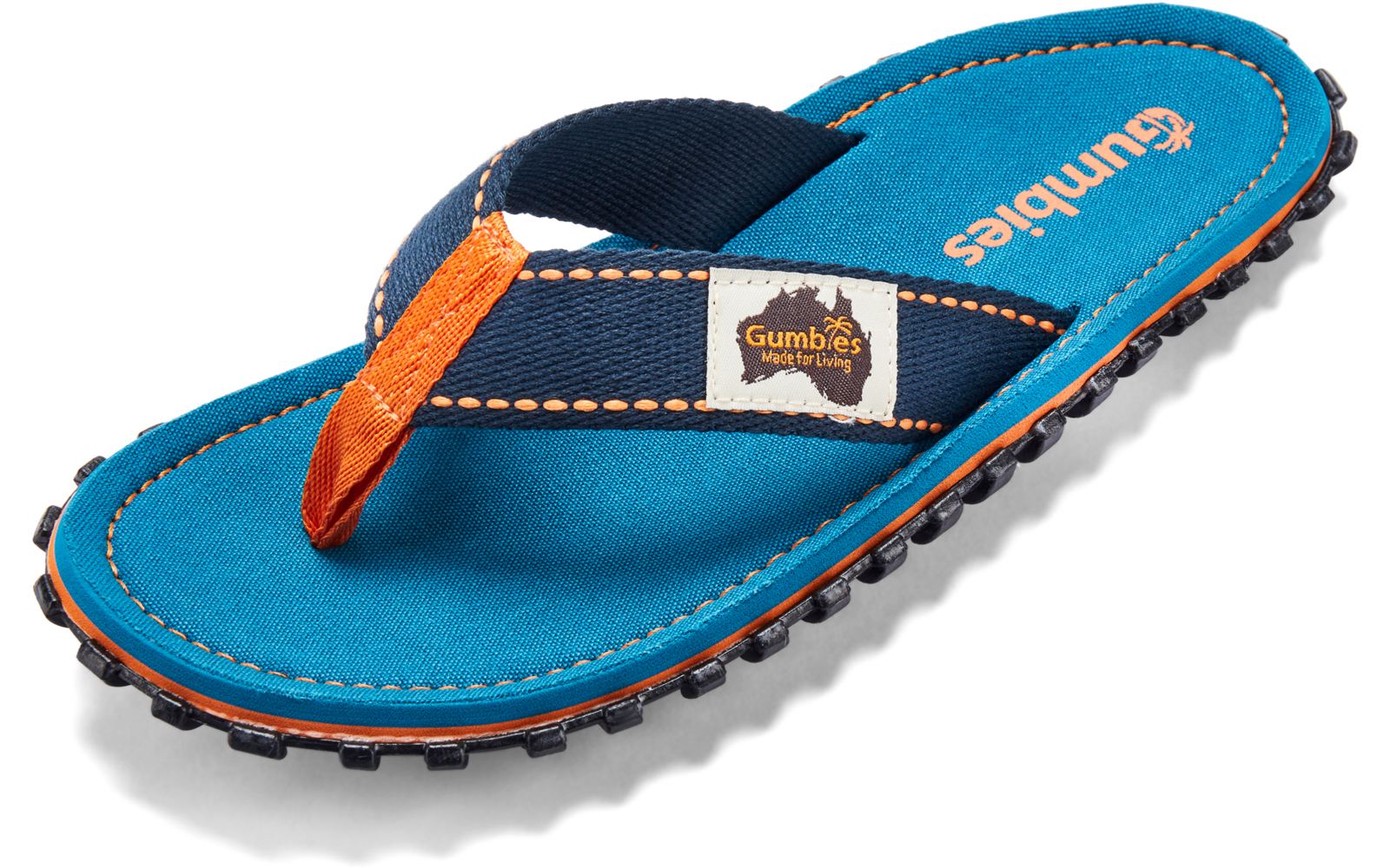 Blue flip-flop with turquoise footbed, dark blue strap with orange trim, visible 'Gumbies' label and black notched sole