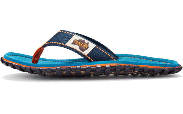 Side view of a blue flip-flop with a dark blue strap, turquoise insole, and brown logo patch