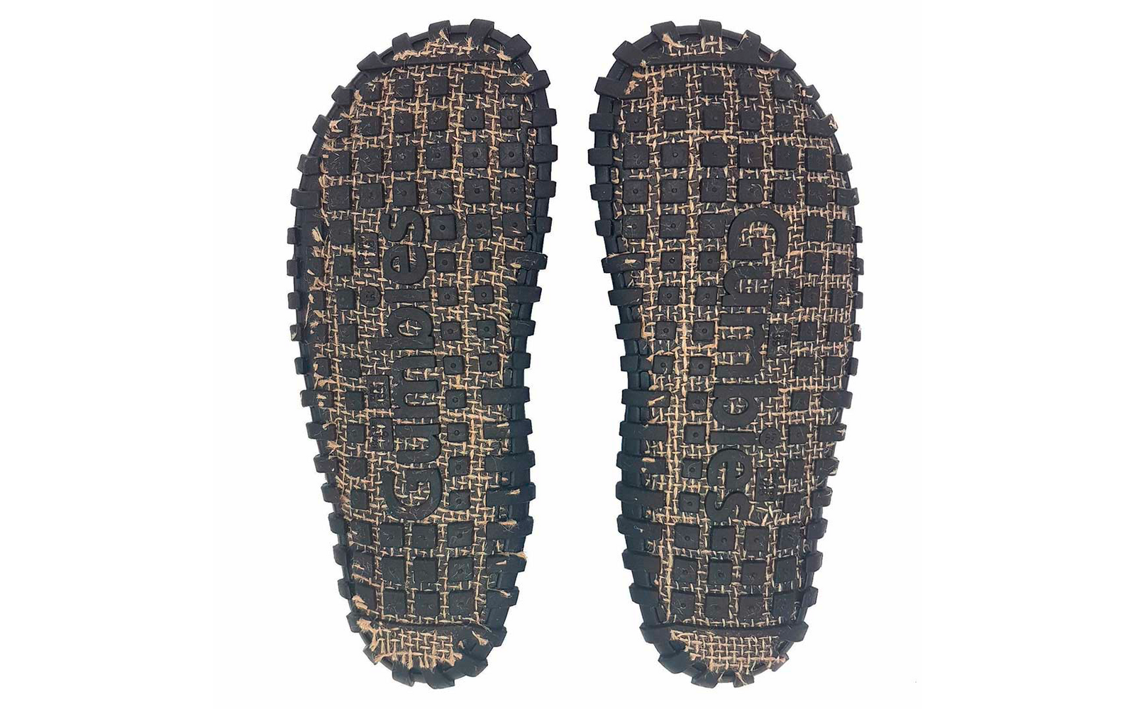 Two black shoe soles with tread edges and beige woven pattern side by side on a white background