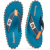 Pair of blue flip-flop sandals viewed from above, orange toe-post accents, dark blue straps with white patch, insoles with 'gumbies' logo, black treaded outsoles