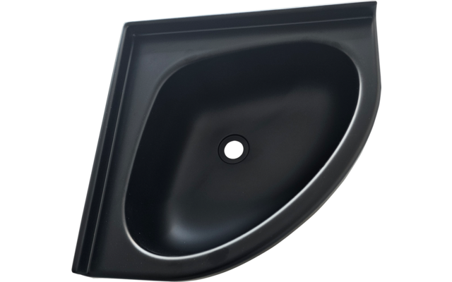 Lavabo angolare nero con vasca arrotondata e foro di scarico centrale