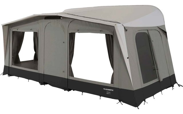 Large rectangular grey tent with three large rectangular windows, two pulled-back curtains, one closed zippered door on the right, light grey roof and black lower hem with Dometic logo