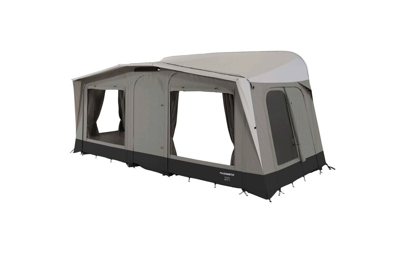 Large rectangular grey tent with three large rectangular windows, two pulled-back curtains, one closed zippered door on the right, light grey roof and black lower hem with Dometic logo