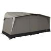 Large rectangular camping tent with closed side panels, mesh windows, light gray fabric and black base