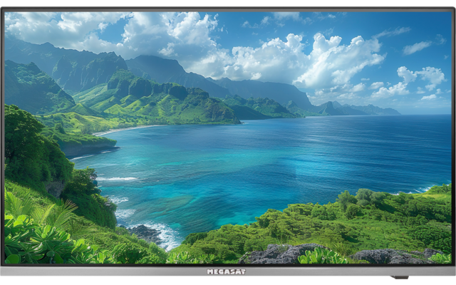 Flacher Fernsehbildschirm zeigt Küstenlandschaft mit grüner Vegetation, felsigen Klippen, türkisblauem Meer, Bergen im Hintergrund und bewölktem blauem Himmel