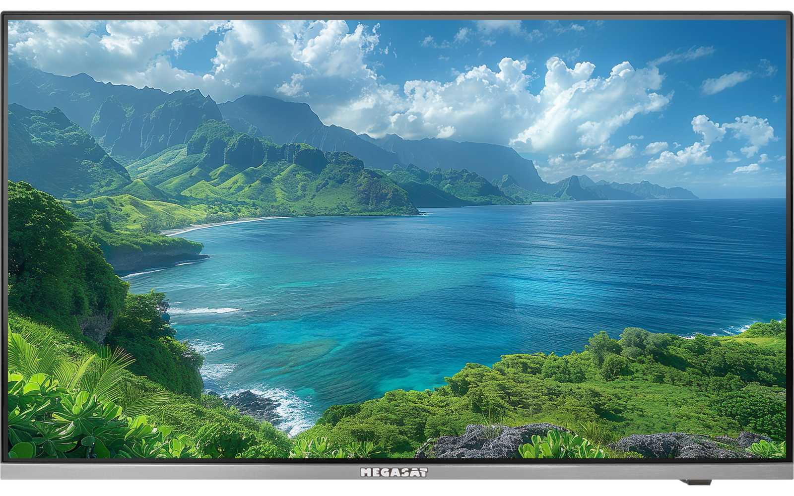 Flacher Fernsehbildschirm zeigt Küstenlandschaft mit grüner Vegetation, felsigen Klippen, türkisblauem Meer, Bergen im Hintergrund und bewölktem blauem Himmel