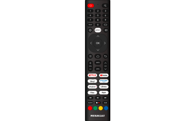 Schwarze Fernbedienung, oben rote Ein-/Austaste, Ziffernblock 1–9 und 0, runde Navigationstasten mit "OK" in der Mitte, farbige Tasten mit Netflix-, Prime Video- und YouTube-Logos, MEGASAT-Logo am unteren Rand