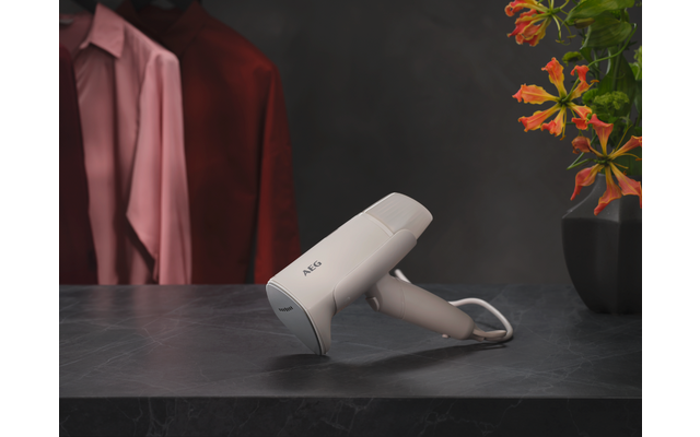Witte handstomer met AEG-logo op een grijs tafelblad, links twee hangende hemden (roze en donkerrood), rechts zwarte vaas met oranje bloemen, donkere achtergrond