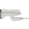 Witte handföhn met zwarte borstelopzet, zichtbaar AEG-logo, opgevouwen handgreep en netsnoer