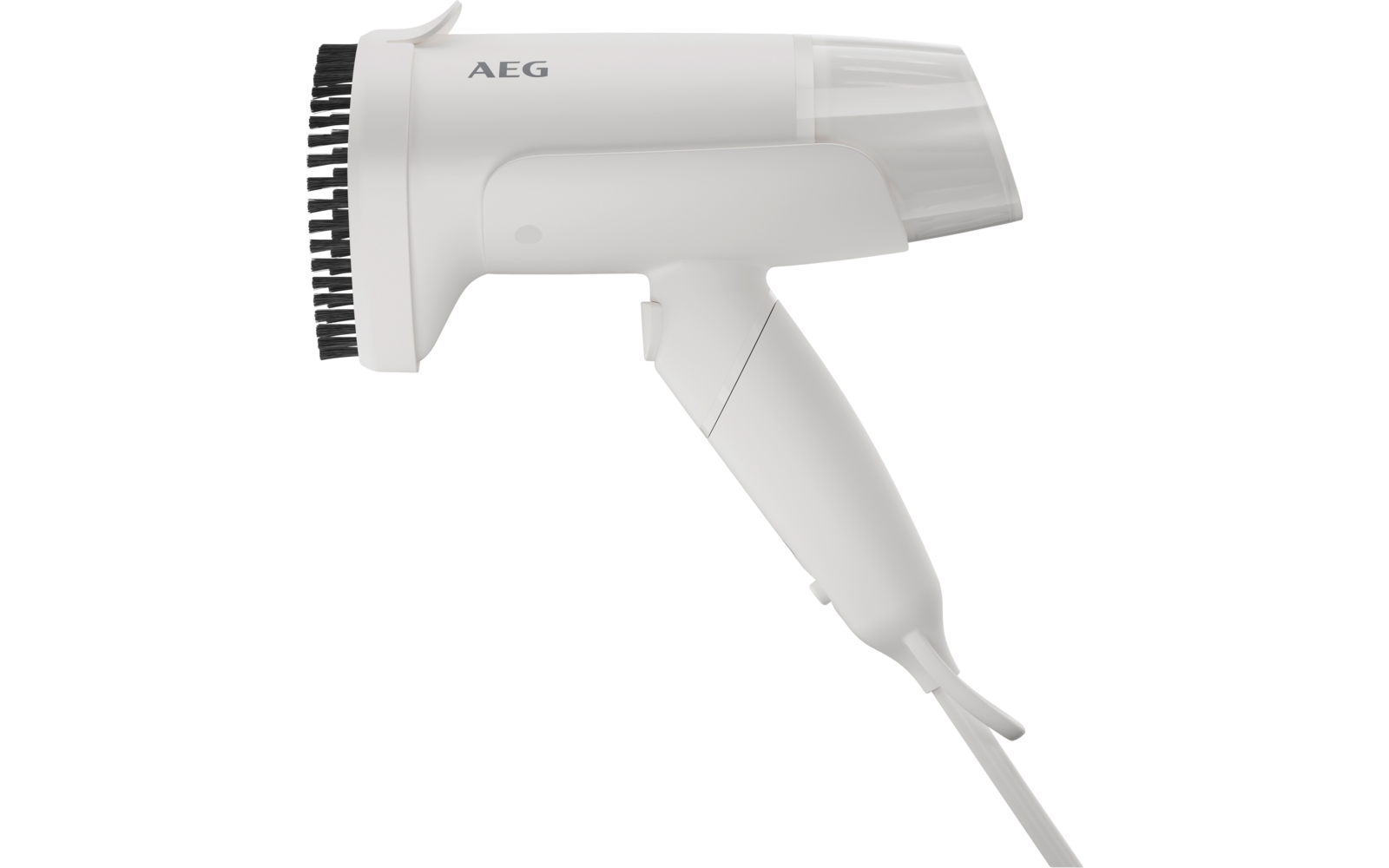 Wit handapparaat met opvouwbare handgreep, "AEG"-logo op de behuizing, zwarte ronde borstelopzet aan de voorkant, witte kabel zichtbaar