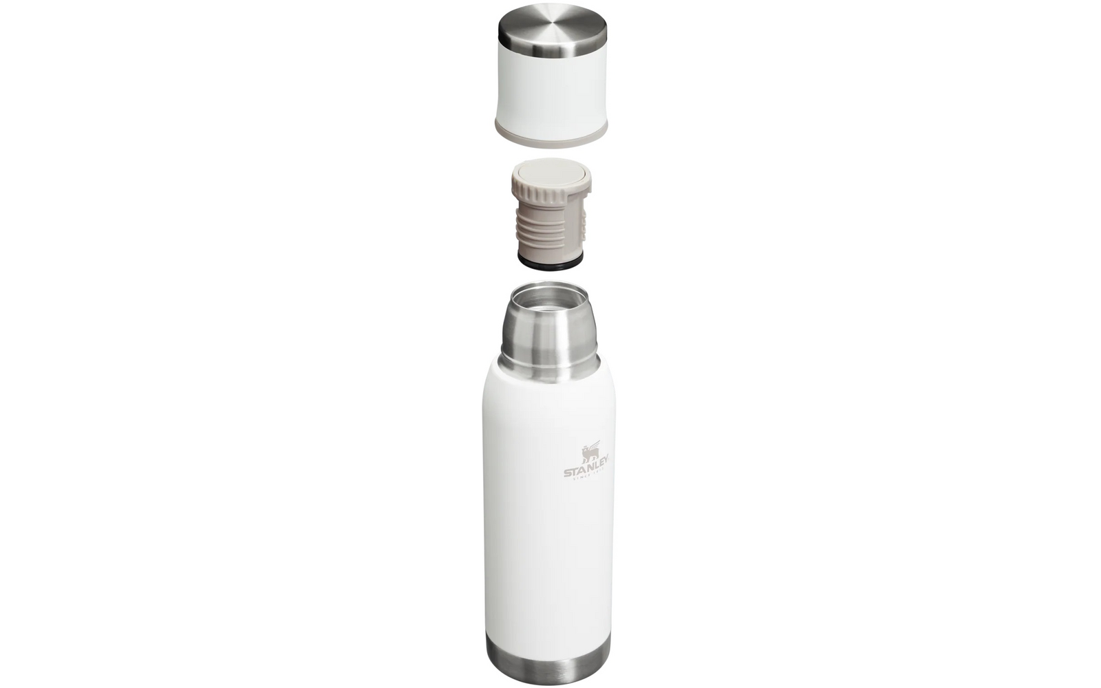 Drie losse onderdelen van een witte thermosfles, van boven naar beneden: ronde roestvrijstalen dop, grijze schroefstop, wit fleslichaam met roestvrijstalen rand en opdruk