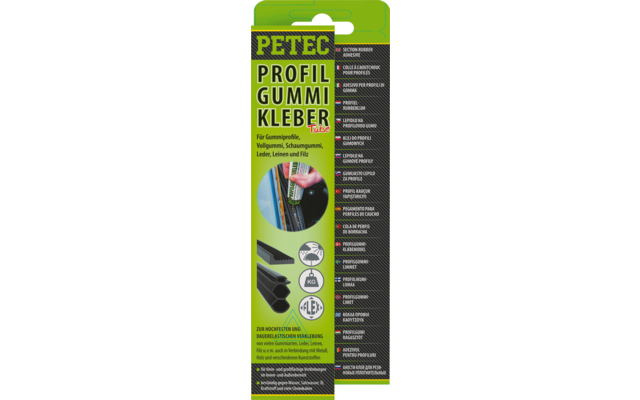 Grüne Blisterverpackung mit der Aufschrift PETEC PROFIL GUMMIKLEBER, Abbildungen einer Tube, eines Pinsels und von Gummi-/Profilquerschnitten sowie mehreren Symbolen und Textblöcken