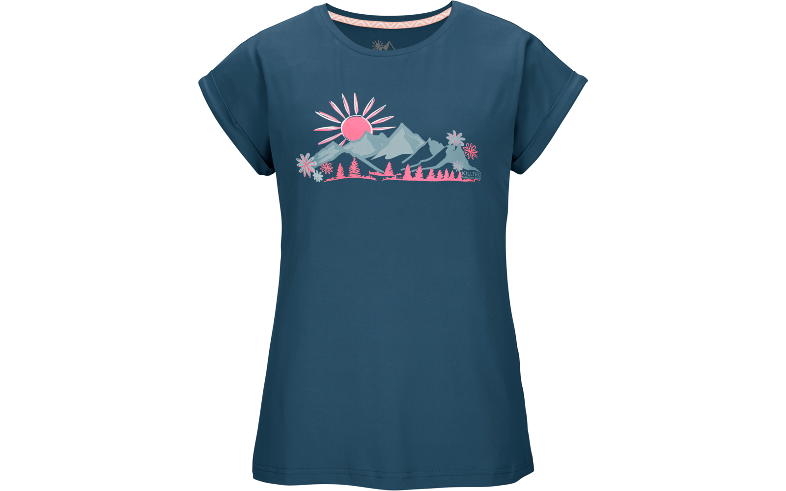 Dunkelblaues kurzärmeliges T-Shirt mit Aufdruck: rosa Sonne, drei blaue Berge, rosa Bäume und Blumen