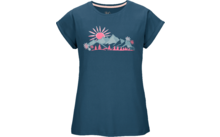 Dark blue short-sleeve T-shirt with print: pink sun, three blue mountains, pink trees and flowers