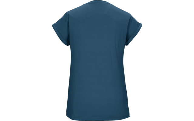 Rückansicht eines einfarbigen blauen T-Shirts mit kurzen, aufgerollten Ärmeln und Rundhalsausschnitt