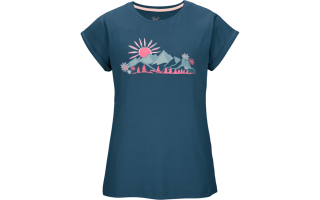 Dunkelblaues kurzärmeliges T-Shirt mit Aufdruck: rosa Sonne, drei blaue Berge, rosa Bäume und Blumen