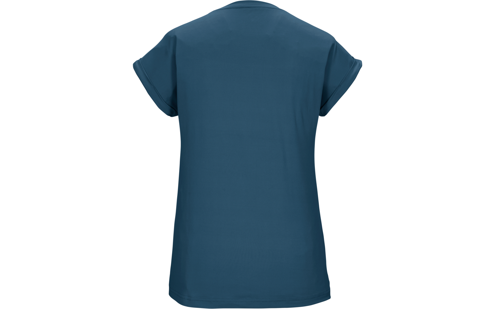 Rückansicht eines einfarbigen blauen T-Shirts mit kurzen, aufgerollten Ärmeln und Rundhalsausschnitt