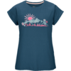 Dunkelblaues kurzärmeliges T-Shirt mit Aufdruck: rosa Sonne, drei blaue Berge, rosa Bäume und Blumen